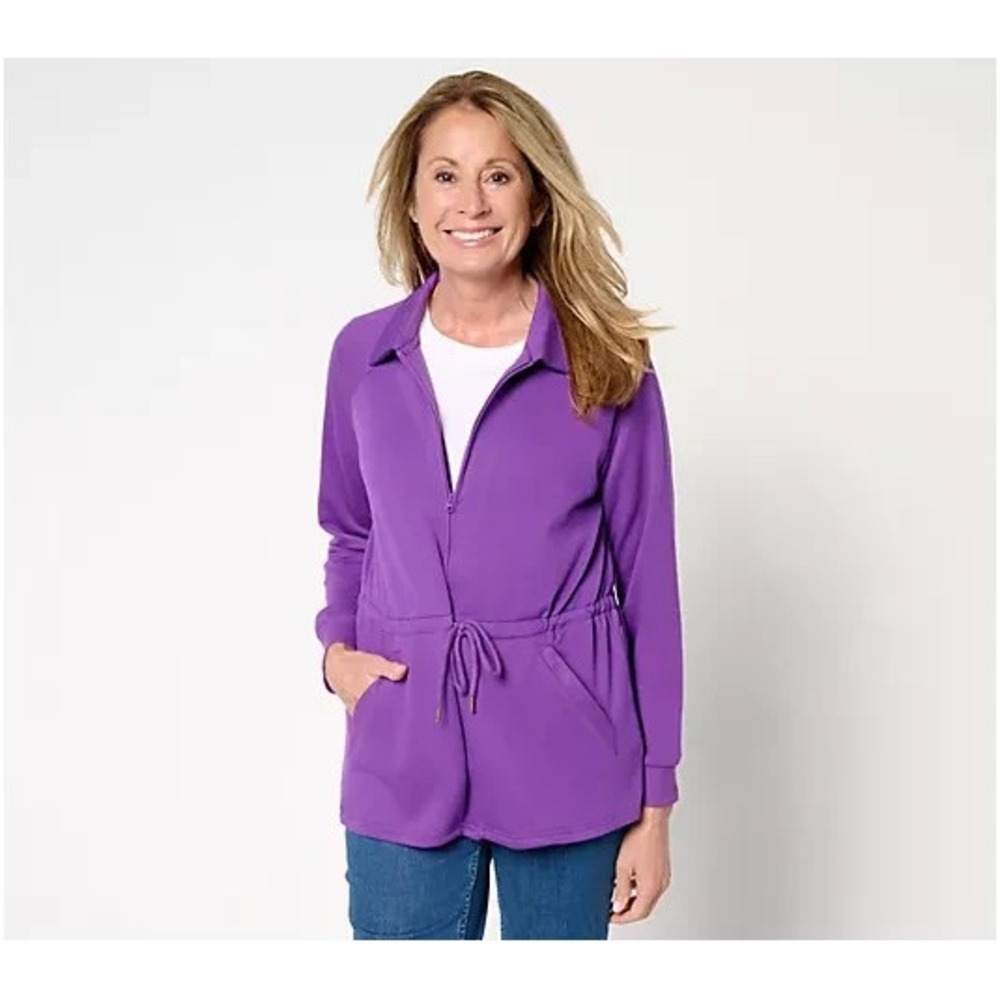 MUK LUKS French Terry Collared Zip-Up Topper Plum Medium